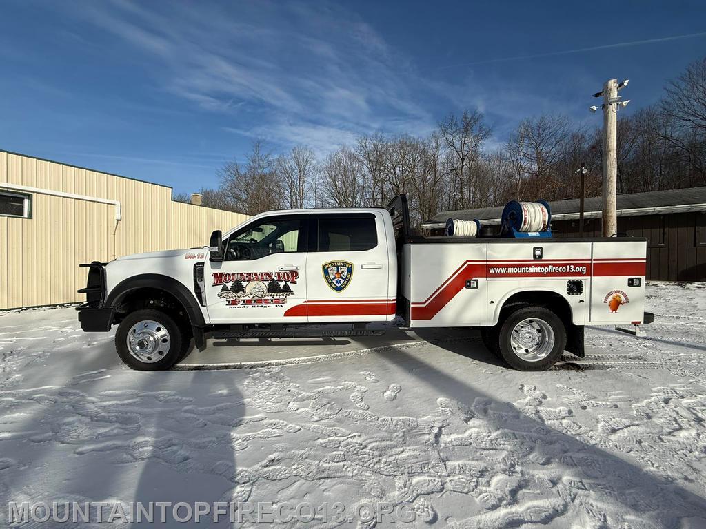BRUSH 13

2025 Ford F550 Lariat
High Pressure Pump / Foam system
125 Gal water/ 5 gal foam tank
1500 Ft 3/4 &quot; pencil Line
100 &quot; 1 3/4 &quot; Preconnect Hose
200 '  1&quot; hose
3 Bladder bags
Seek Pro Thermal Camera
Chainsaw/PPE
AED 
Rakes, Polaski, Flashlights,  
4 Centre Co Portables
3 Clearfield/Blair Co portables
Generator /2 telescoping flood lights